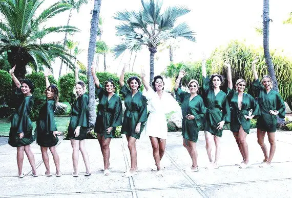 Forest Green Satin Gowns With White Embroidery