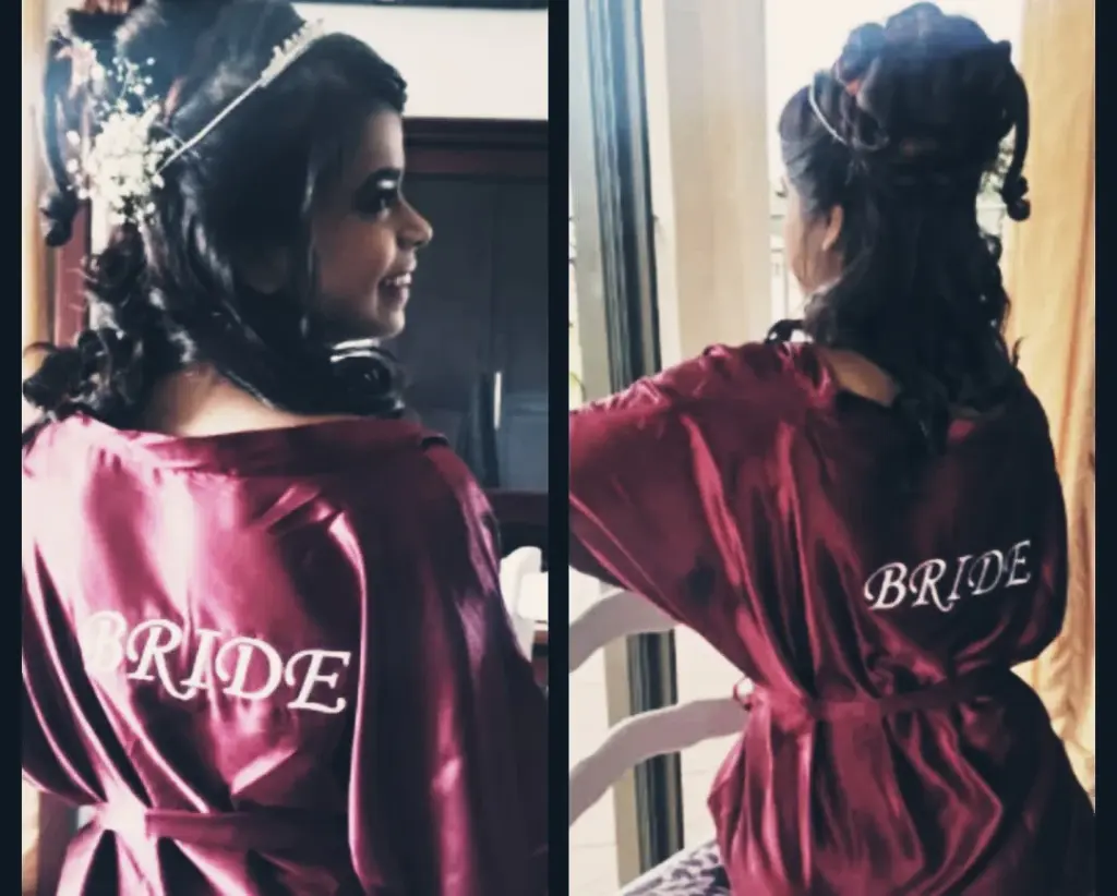 Burgundy Satin Gowns With White Embroidery