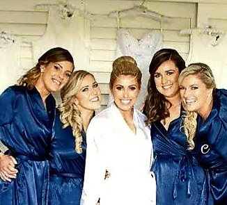 Navy Satin Gowns With White Embroidery